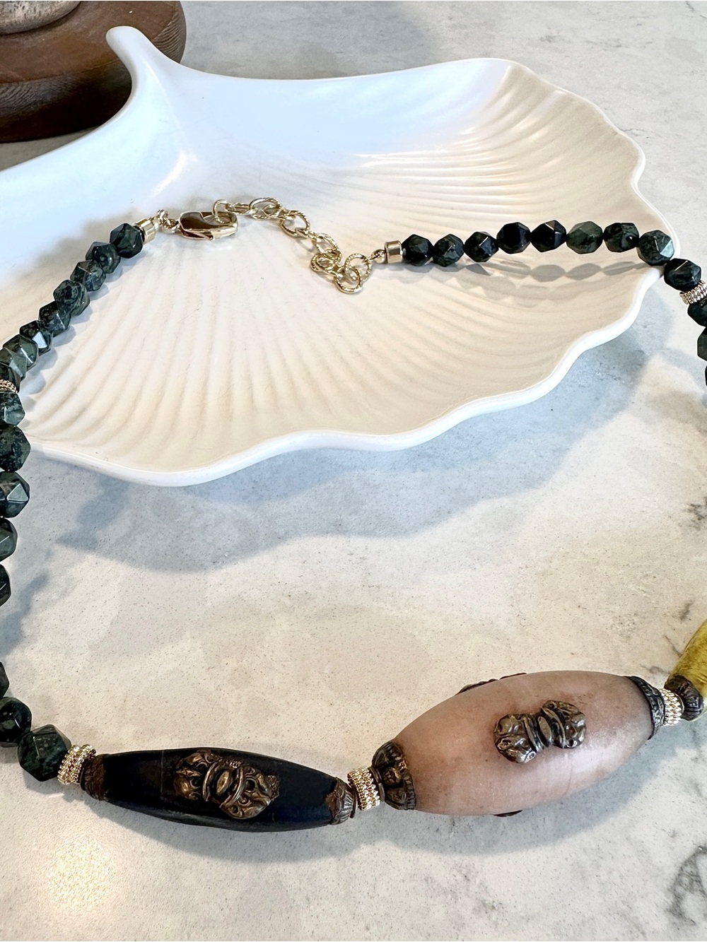 Moss Agate Tibetan Style Focal Bead Necklace Gold Tone Handmade